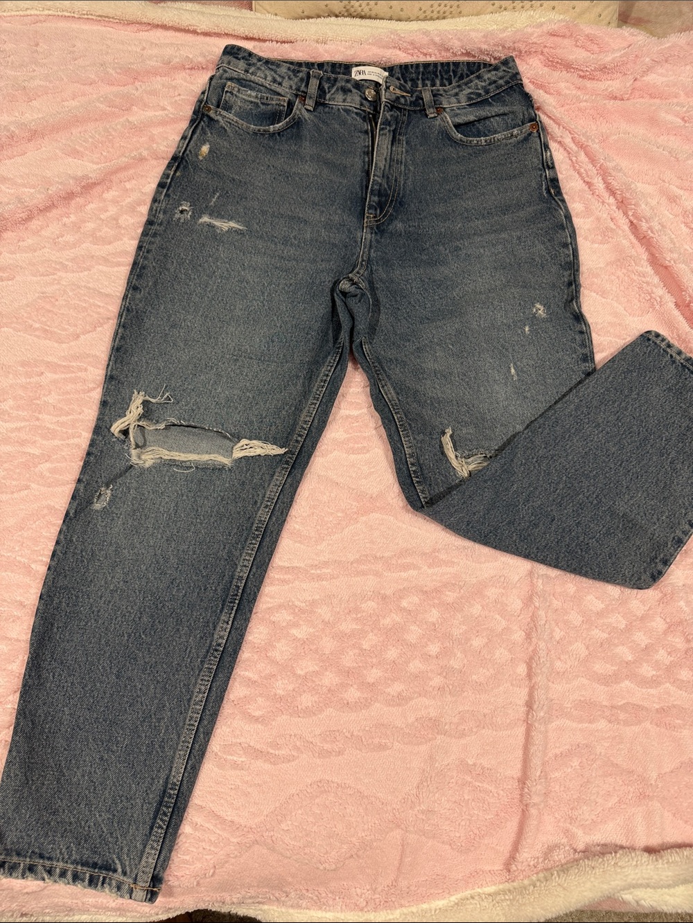 Zara Distressed Straight-Leg Jeans - Dark Blue